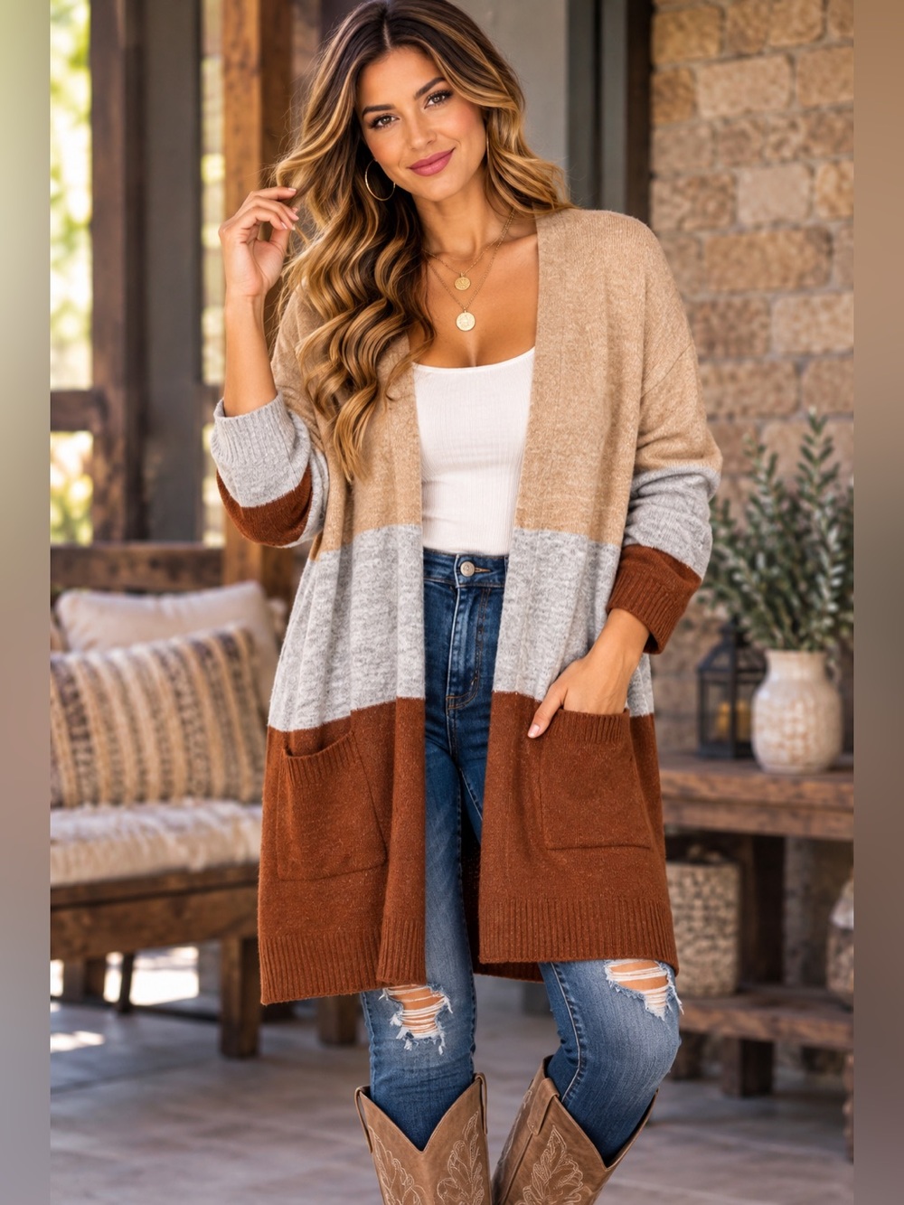 A New Day XL Colorblock Long Cardigan Beige Gray Rust Open Front Duster Pockets